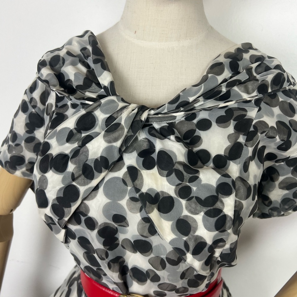 1950’s Vintage BLACK & WHITE Polkadot Polka Dot Chiffon Overlay Party Dress L XL - Picture 13 of 16